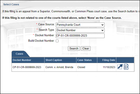 Searching for any non-civil Common Pleas case in the Select Cases screen.